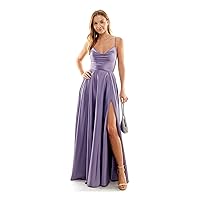 B Darlin Womens Purple Pocketed Zippered Lace Up Open Back High Slit Spaghetti Strap Cowl Neck Maxi Party Fit + Flare Dress Juniors 78