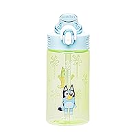 Zak Designs Sage Bluey Kids Water Bottle For School or Travel, 16oz Durable Plastic Water Bottle With Straw, Handle, and Leak-Proof, Pop-Up Spout Cover (Bluey & Bingo)