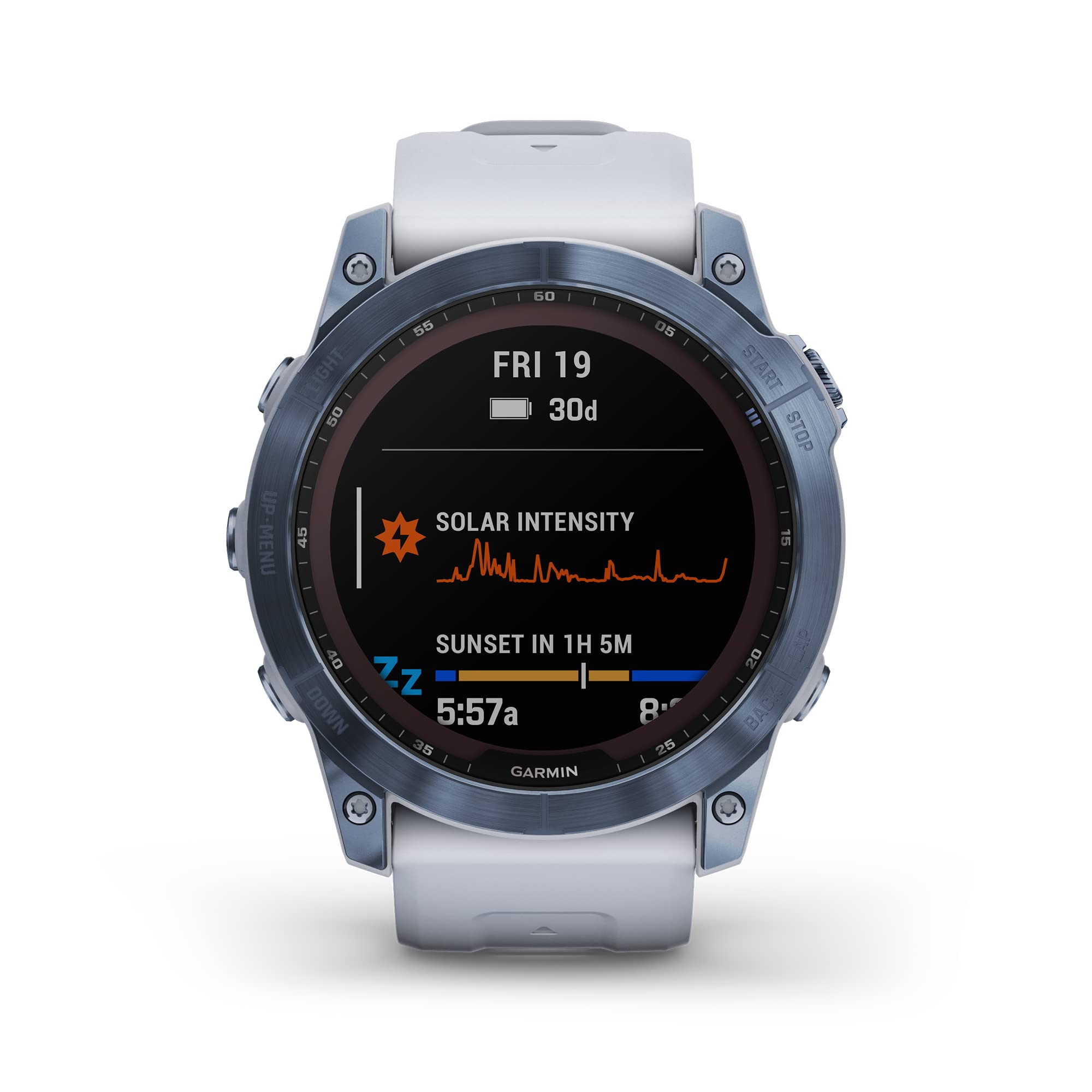Garmin fenix 7X Sapphire Solar, Larger adventure smartwatch, with Solar Charging Capabilities, rugged outdoor GPS watch, touchscreen, wellness features, mineral blue DLC titanium with whitestone band