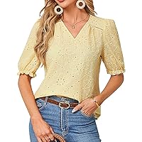 Women's Dressy Tops Casual Summer T Shirts Blouses V Neck Hollow Out Half Sleeve Yellow Embroidered Tunic Top 2024 Outfits