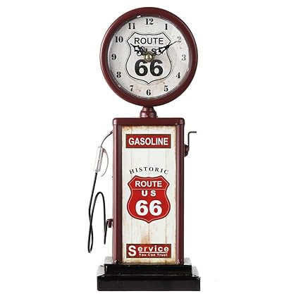 Lily's Home Old Fashioned Route 66 Gas Pump Mantle Clock, Silent-Non-Ticking with Quartz Movement, Makes an Ideal Gift for Antique Sign Collectors, Brown/Red (13 1/2