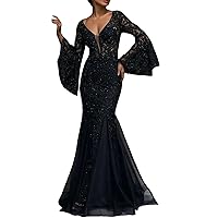 Formal Dresses for Women Fall 2023 Trendy Gown Thigh Slit Embroidered Sequin Sexy Deep V Sequined Long Evening Dress