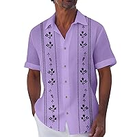 WENKOMG1 Guayabera Shirt for Men Hawaiian Short Sleeve Button Down Graphic Tee Summer Holiday Cuban Printed Tshirt Shirt