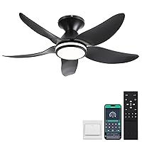 Ceiling Fans with Lights and Remote/APP Control, 38 inch Low Profile Flush Mount Ceiling Fans with 5 Reversible Blades 6 Speeds, 3 Colors Dimmable+Ring Lights for Bedroom Dining Room, Black