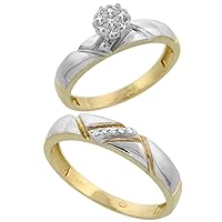 Genuine 10k Yellow Gold Diamond Trio Wedding Sets for Him and Her Zigzag Grooves 3-piece 4.5mm & 4mm wide 0.10 cttw Brilliant Cut sizes 5-14