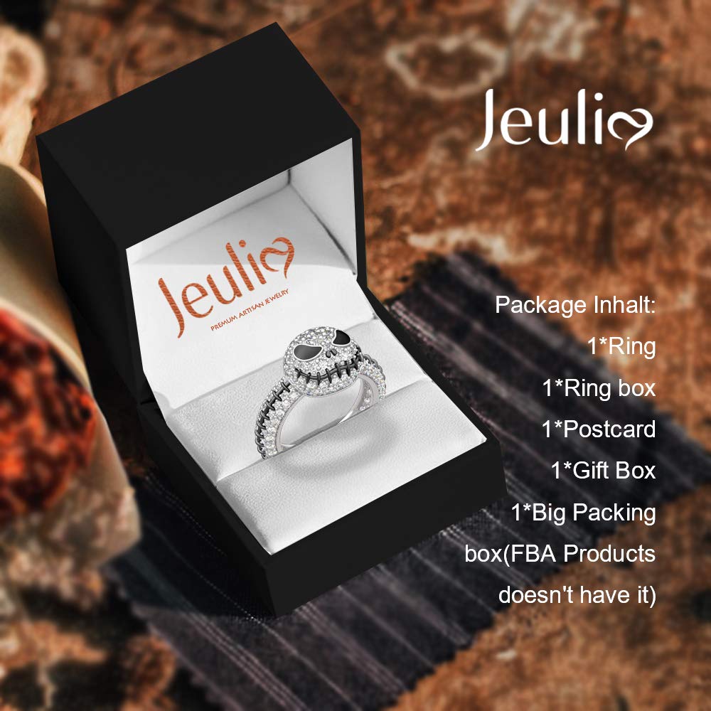 Jeulia Jack Skellington Rings Women Nightmare Before Christmas Skull Rings 925 Sterling Silver Halloween Jewelry Romantic Jewelry Gifts for Her Teen Girls CZ Solitare Engagement Rings Anniversary