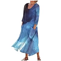 3/4 Sleeve Dresses for Women Summer Casual Maxi Dresses Flowy Long Dress Boho Printed Beach Sundresses with Pockets