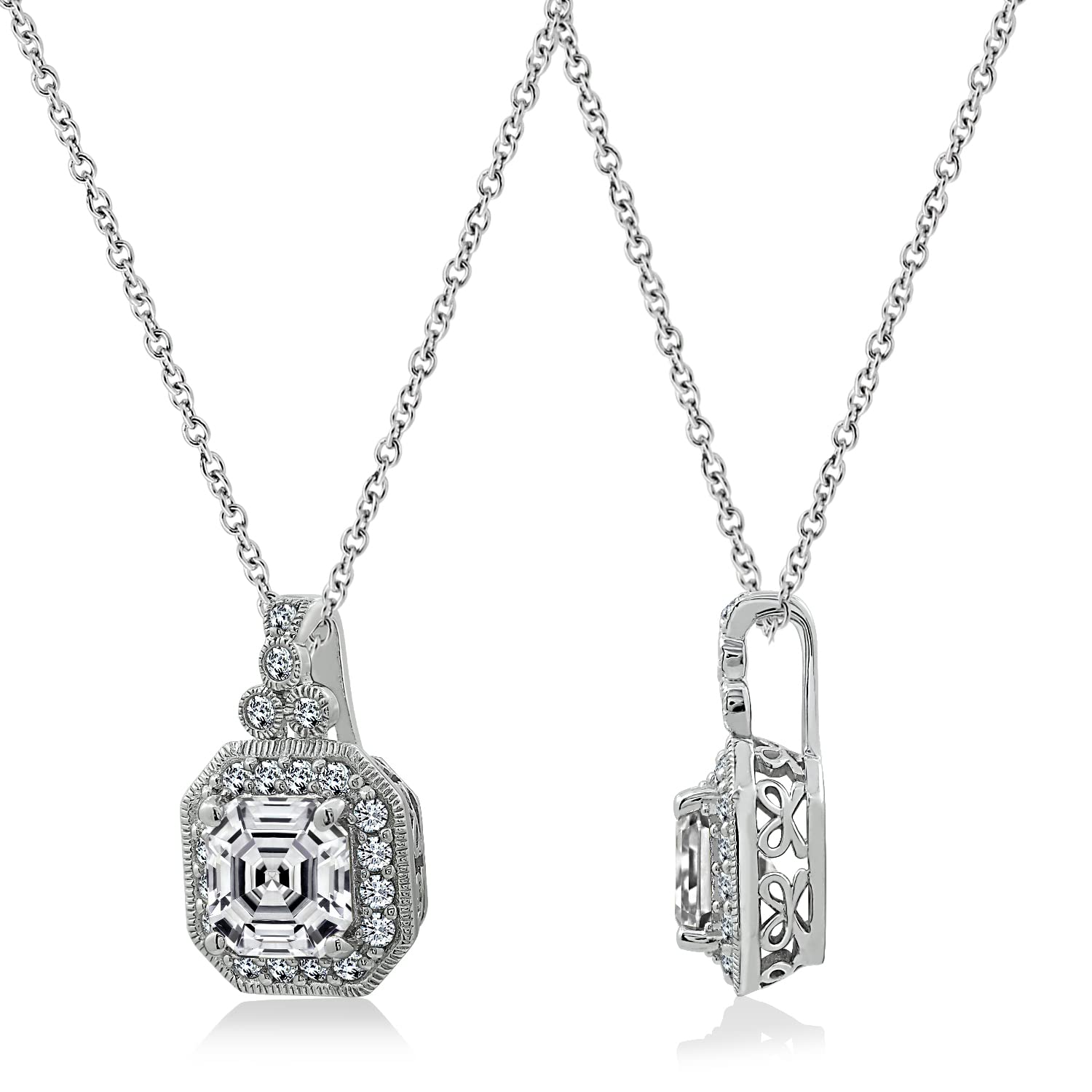 Amazon Collection Platinum Plated Sterling Silver Pendant Necklace set with Asscher Cut Infinite Elements Cubic Zirconia