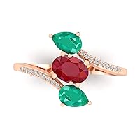 14k Solid Rose Yellow White Gold Natural Ruby Emerald Certified Diamond (1.06 Carat, G-H SI1-I2) Oval Leaf Shape Birthstone Prong Setting Beautifull Elegant Propose Fine Ring Jewelry Easter Engagement Anniversary Wedding Gift For her (Ring Size 6 To 10 US)