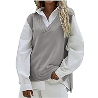 Women Basic Sweater Vest Side Split Hem Sleeveless V Neck Knit Pullovers Fashion Casual Loose Solid Tank Outwear