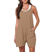 UOFOCO Women's Fashion Trendy Comfy Overalls Pants Shorts Cheap Clearance Short Jumpsuits for Women 2024 Summer Casual Sleeveless Adjustable Shoulder Strap Loose Rompers Khaki Small