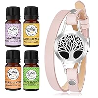 Wild Essentials Tree of Life Essential Oil Leather Wrap Bracelet Diffuser Kit, Gift Set, Lavender, Lemongrass, Peppermint, Orange Oils, 12 Pads, Customizable Color Changing Jewelry, Aromatherapy, Pink