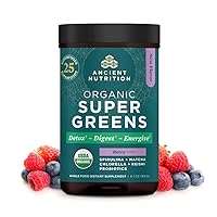 Ancient Nutrition SuperGreens Powder with Probiotics, Made from Real Fruits, Vegetables and Herbs, Digestive and Energy Support (25 Servings, Berry)
