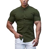URRU Men's Muscle Dress Shirts Slim Fit Stretch Long&Short Sleeve Casual Button Down Shirt