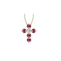 14k Yellow Gold timeless cross pendant set with 5 beautiful red ruby stones (.47ct, AA Quality) encompassing 1 round white diamond, (.1ct, H-I Color, I1 Clarity), dangling on a 18