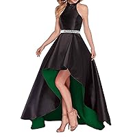 Women's Halter Beaded High Low Prom Dress With Pockets 8 Beaded-bla&green