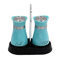 2 PCS - Stainless Steel and Glass Salt and Pepper Shaker Sets with Holder (BLUE)