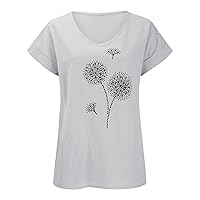 Summer Tops for Women 2024 Trendy Cotton Linen Crew Neck Blouses Casual Dandelion Printed Short Sleeve Button Up Shirts