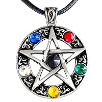 Wu-Xing Feng-Shui 5 Elements Celtic Pentagram Pentacle Star Crystal Pagan Silver Pewter Men's Pendant Necklace Protection Amulet Wealth Fortune Lucky Charm Safe Travel Talisman with Black Leather Cord