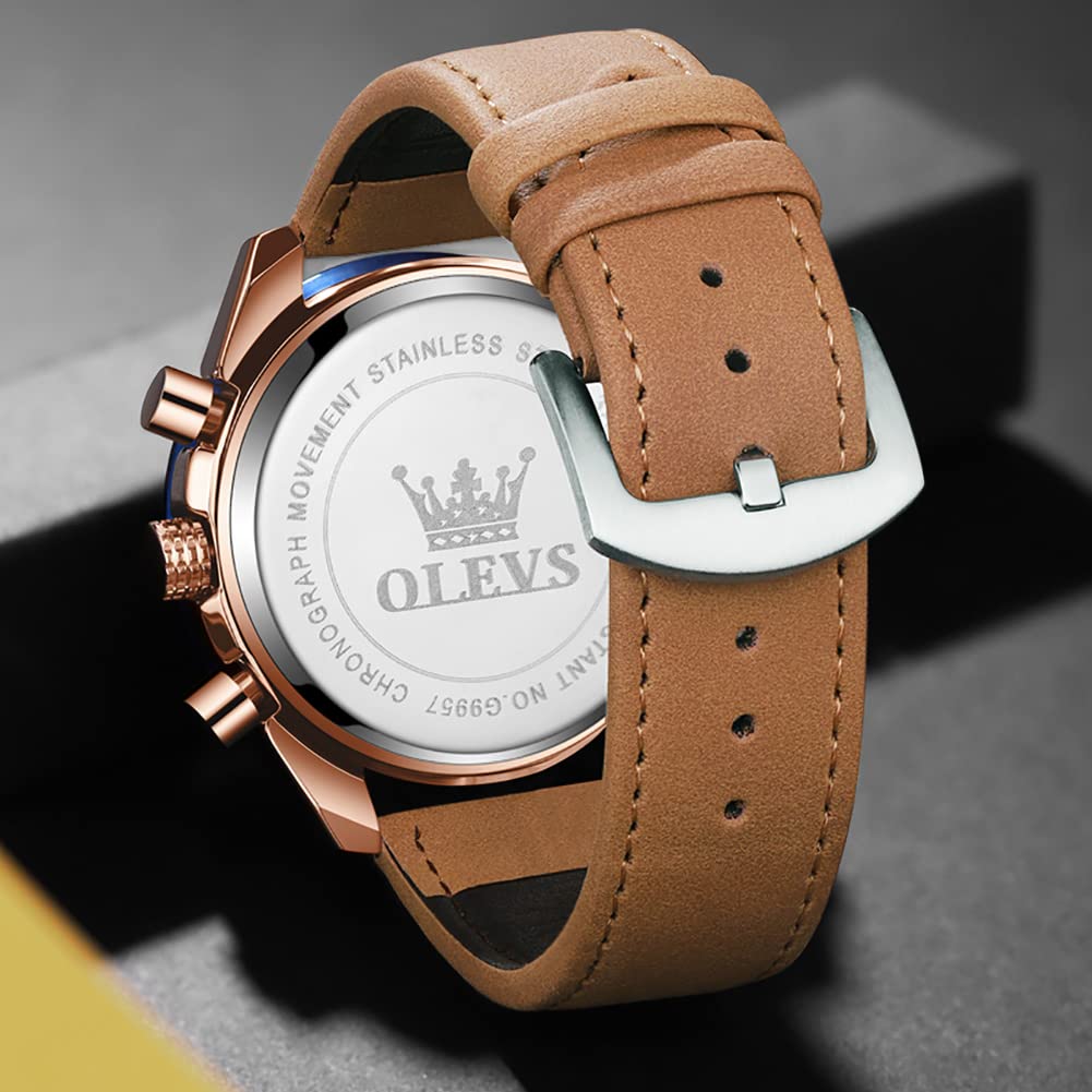 OLEVS Leather Strap Mens Watches, Quartz Movement Chronograph, Fashion Business Sport Design Watch, 30M Waterproof Mens Wristwatches Gifts for Men [Blue/Black/Brown