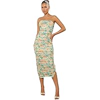 Dresses for Women Floral Print Ruched Mesh Tube Bodycon Dress (Color : Multicolor, Size : Medium)