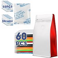 60pcs 16oz 1/2 lb White+Red Coffee Bags with Valve+60 Packs 5 Grams Silica Gel Packs Desiccant Packets for Storage, Transparent Desiccant