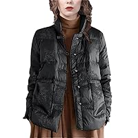 Women Winter Vintage Buckle Embroidered Down Jacket Loose-Fittng Solid Stand-Up Collar Parkas Coat