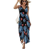 Blue Ocean Whale Women's Dress V Neck Sleeveless Dress Summer Casual Sundress Loose Maxi Dresses for Beach