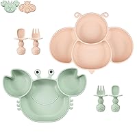 PandaEar 2 Pack Silicone Suction Plates for Toddlers Baby with 4 Spoons Self Feeding, Divided Unbreakable Toddler Plates with Suction, Baby Plates and Utensils Set, Baby Dishes, Green Crab & Pink Bee