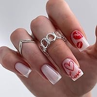 24Pcs Valentine's Day Press on Nails Medium Square French Tip Press on Nails Light Pink Glossy Fake Nails with Sexy Lip Print Design Reusable Full Cover False Nails Art Decoration for Women&Girls
