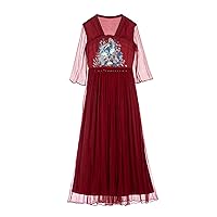 Silk Retro Embroidered Tube Top Style High Waist Slim Wine Red Long Dress 2398