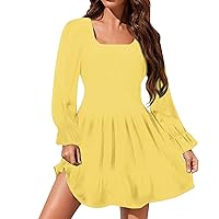 Women's Long Sleeve Square Neck Frilled Backless Slim Mid Length Chiffon Dress High Neck Dress for Women(Yellow-B,Large)
