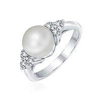 Bling Jewelry Personalize Bridal Party CZ Halo Side Stones White Solitaire Freshwater Cultured Pearl Engagement Cocktail Ring For Women .925 Sterling Silver Customizable