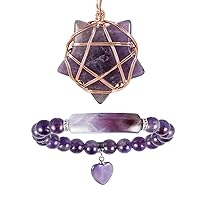 Nupuyai Reiki Healing Amethyst Crystal Jewelry Set for Women, 8MM Stone Bead Stretch Bracelets & Wire Wrapped Stone Star Pendant Necklace