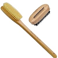 FD5 Beechwood Wood Long Handle Shower Bath Body Brush. for Skin Exfoliate and Massage and NB2 Natural Bristle Fingernail Brush and Hand Scrub Brush for Nails