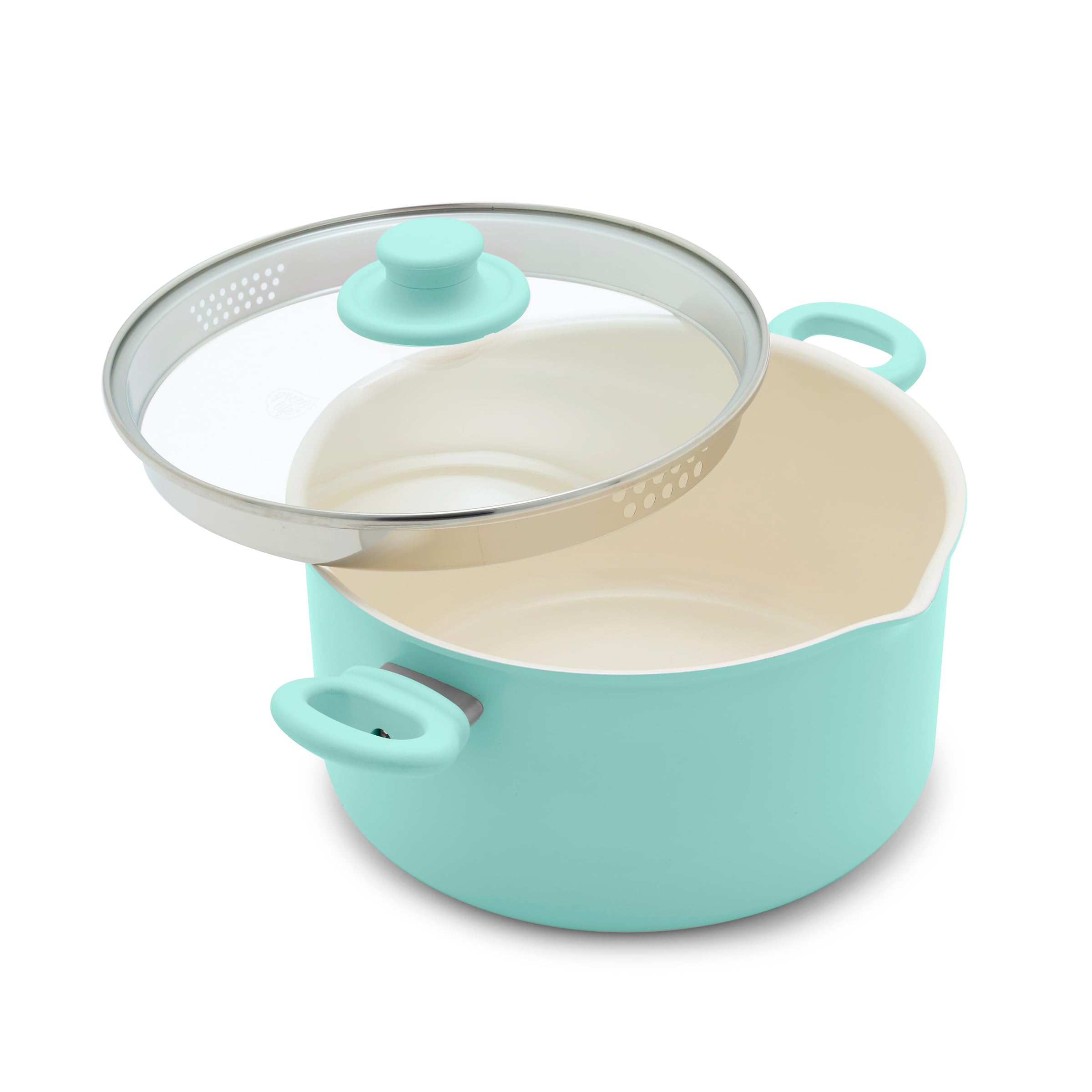 GreenLife SoftGrip Healthy Ceramic Nonstick, 6QT Stockpot with Lid and Straining Lid, PFAS-Free, Dishwasher Safe, Turquoise