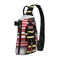 Red Stripe Firefighter Usa Flag Print Crossbody Backpack Cross Pack Lightweight Sling Bag Travel, Hiking