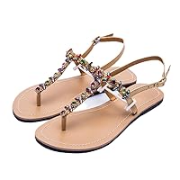 Summer Women`S Flat Beach Rhinestones Sandals Lady T-Strap Thong Shoes Flip Flops Slipper Plus Size Gold 14