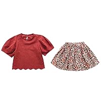girls' short-sleeved floral skirt suits,summer new Korean style cotton and linen two-piece suits.