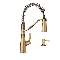 Moen Nolia Bronzed Gold One-Handle Pre-Rinse Spring Kitchen Faucet with Pull Down Sprayer, Single Hole Kitchen Sink Faucet with Soap Dispenser, 87886BZG