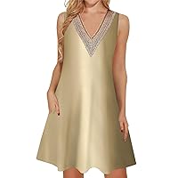 My Orders Summer Dresses for Women 2024 Trendy Lace V Neck Sleeveless Dressy Casual Sundress with Pocket Tank Dress Today 2024(2-Champagne,Medium)