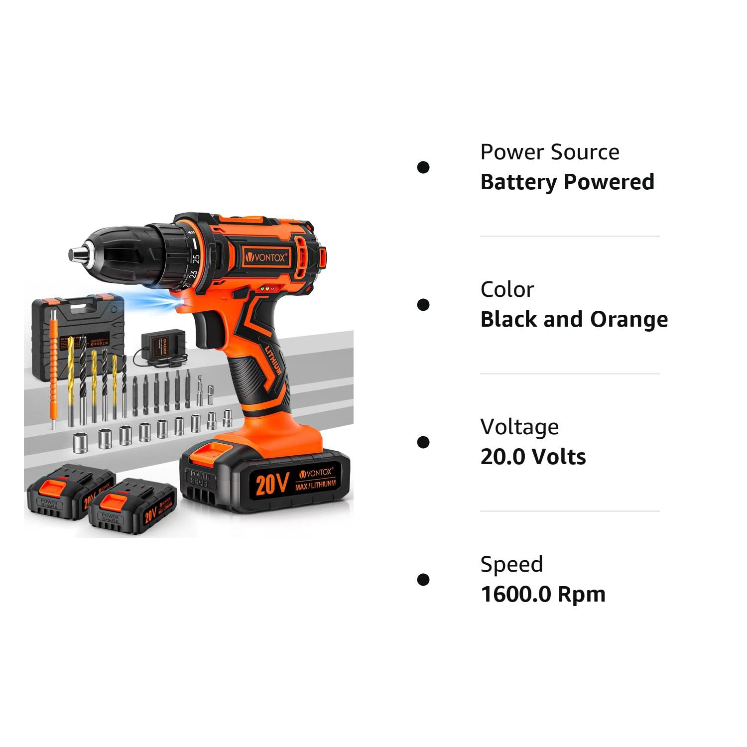 Drill Set, V VONTOX 20V Cordless Drill with 2 Batteries 2.0AH & Fast Charger, Home Power Drill 3/8