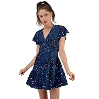 CowCow Womens A-Line Starry Night Sky Moon Stars Space Constellations Planets Mrs Frizzle Flutter Sleeve Wrap Dress