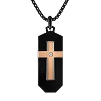 Bulova Jewelry Men's Latin Grammy Black and Rose Stainless Steel, Cross Inlay with Diamond Accent Dog Tag Pendant, Round Box Link Chain Necklace,Length 24