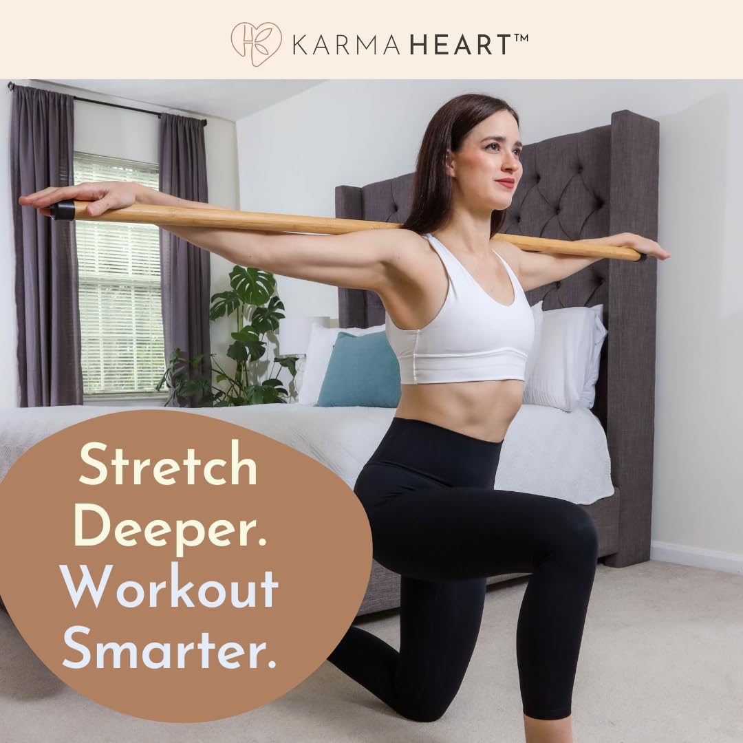 Karma Heart Yoga Stick Natural Bamboo 5ft Mobility Stick for Fitness and Physical Rehabilitation - Your Versatile Posture Stick, Stretch Stick, Exercise Stick and Durable Stretching Stick