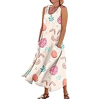 Dresses for Women 2024 Summer Fashion Easter Printed Sleeveless Dress Casual Round Neck Dress with Pocket