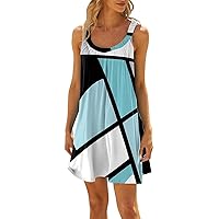 Casual Spring Dresses for Women 2024 Beach Dress for Women 2024 Summer Print Fashion Sparkly Loose Fit with Sleeveless Round Neck Ruched Dresses Light Blue X-Large