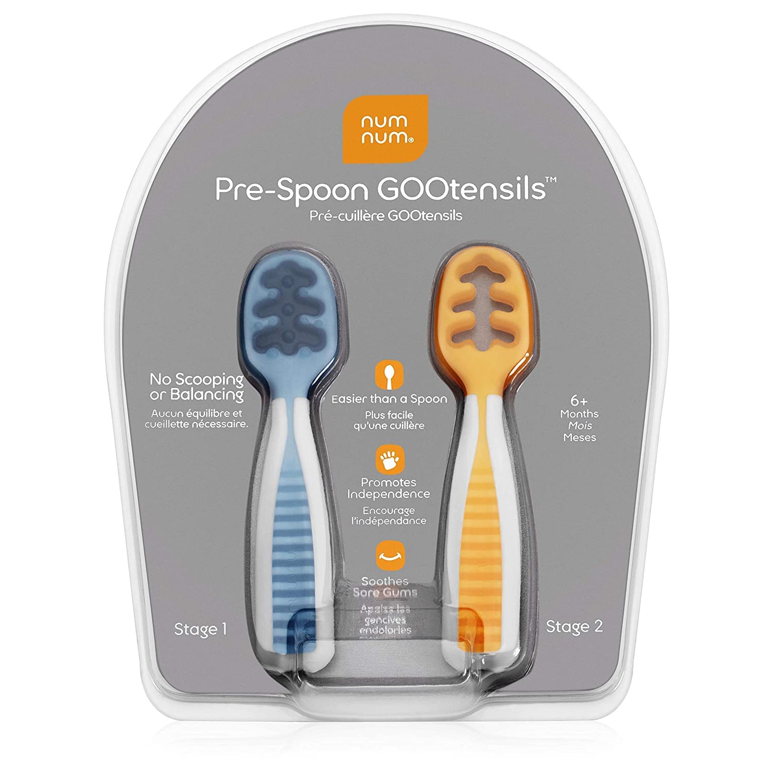 NumNum Baby Spoons Set, Pre-Spoon GOOtensils for Kids Aged 6+ Months - First Stage, Baby Led Weaning (BLW) Teething Spoon - Self Feeding, Silicone Toddler Food Utensils - 2 Spoons, Blue/Orange