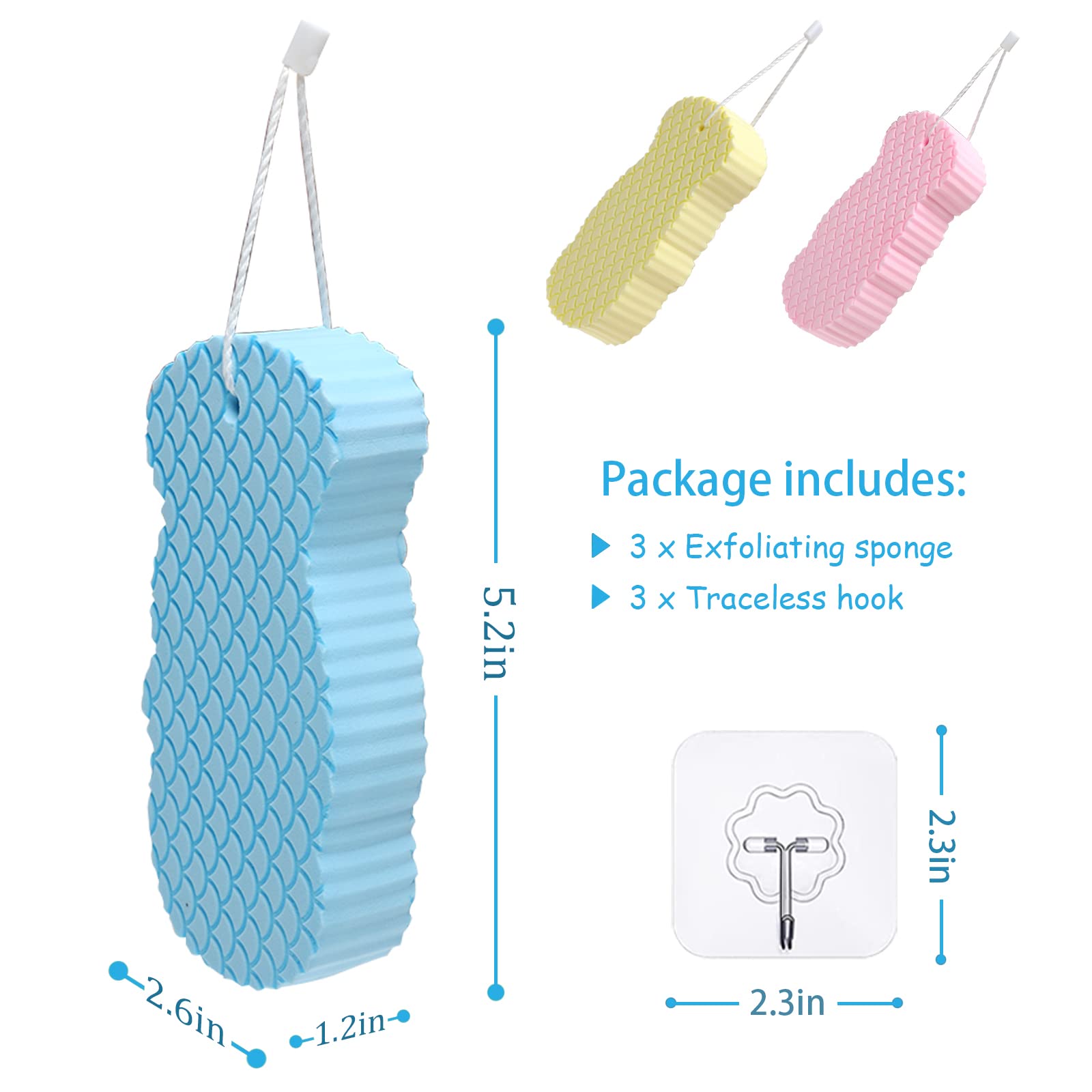 GFPGYQ 3Pcs Super Soft Exfoliating Bath Sponge, Resuable Painless 3D Exfoliating Dead Skin Body Sponge with 3 Sticky Hooks, for Adults Men Children and Pregnant Women