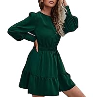 Women's Summer Dress Casual Fashion Solid Color Round Neck Sexy Long Sleeve Button Spread Dress Valentines, S-2XL